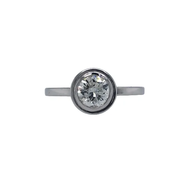 14k white gold 0.72ct round diamond Color:H Clarity:SI1 bezel set Hudson Valley Goldsmith New Paltz, NY
