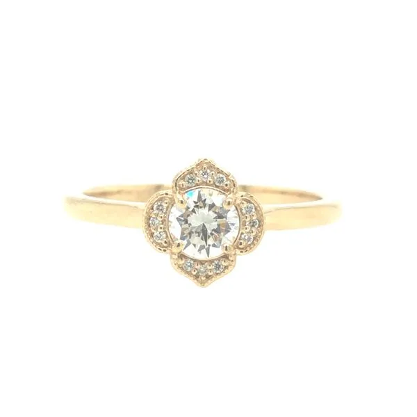 14K Yellow Gold Fancy Petal Diamond Halo Ring 0.04 Ctw featuring a 0.35ct round brilliant diamond Color: G Clarity: SI1 Hudson Valley Goldsmith New Paltz, NY
