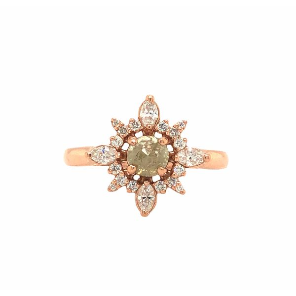 14 K Rose Gold Ring Featuring A Natural Yellow Rose Cut Diamond And 0.33 Ctw Round And Marquise Diamond Star Surround Hudson Valley Goldsmith New Paltz, NY