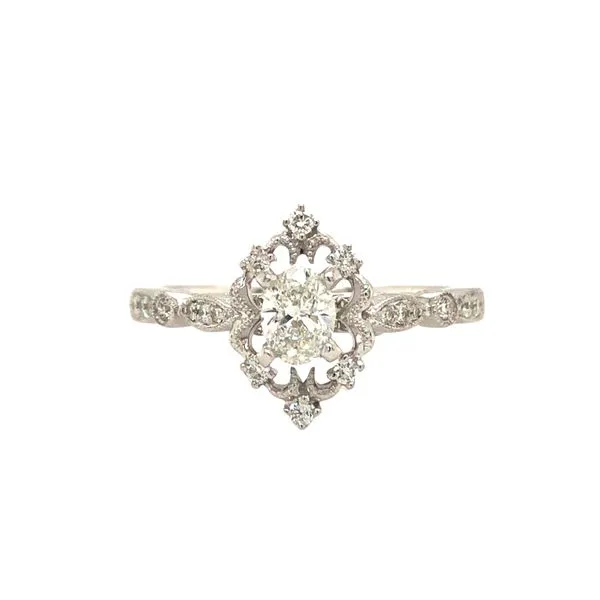 14k white gold engagement style ring featuring a center genuine oval diamond (0.33ct) accented with 0.16cttw brilliant diamonds  Hudson Valley Goldsmith New Paltz, NY