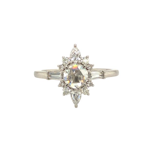 18k white gold engagement style ring featuring a 0.47ct round rose cut diamond set in the center of the ring. Accented around th Hudson Valley Goldsmith New Paltz, NY