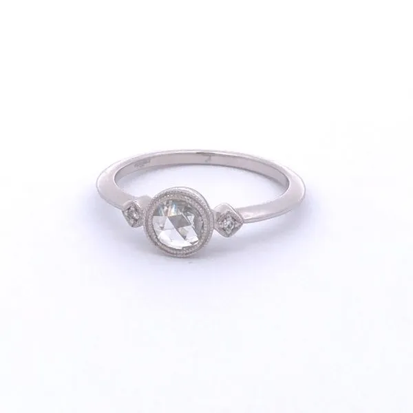 18K white Gold Bezel Set 0.35ct Rose Cut Center &.02ct Side Diamonds low profile Hudson Valley Goldsmith New Paltz, NY