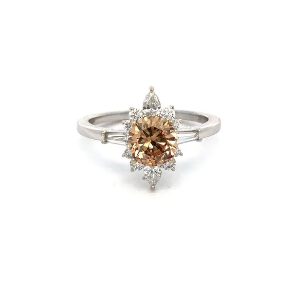 18k white gold diamond ring featuring center 1.00ct round natural cognac diamond accented with 0.41cttw round, tear drop and tap Hudson Valley Goldsmith New Paltz, NY