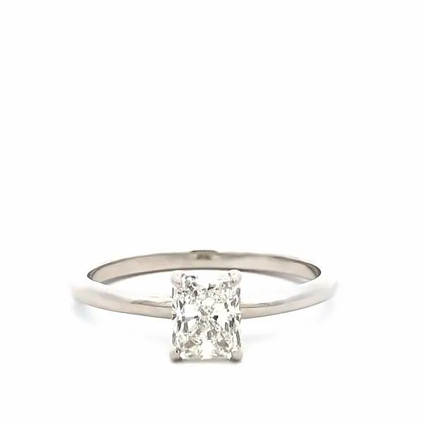 Made of 14Kt white gold, this engagement ring features a natural radiant 0.70ct diamond. It comes with a GIA report and measures 5.65x4.60mm. The diamond has an E color and SI1 clarity. Hudson Valley Goldsmith New Paltz, NY
