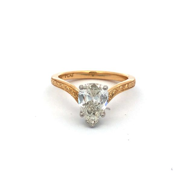 18k yellow gold custom engagement ring featuring a natural 1.13ct pear shape diamond center set in platinum setting. GIA report  Hudson Valley Goldsmith New Paltz, NY