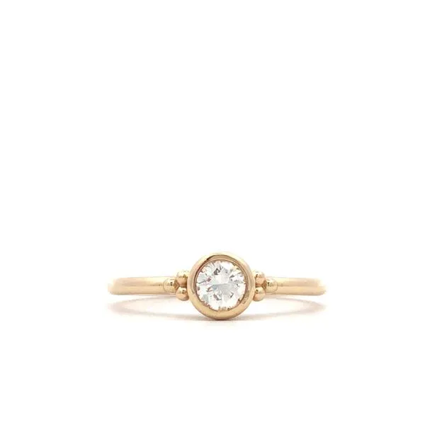14k yellow gold bezel solitaire ring featuring 0.34ct round brilliant natural diamond (G,SI1) Gold bead designs on either side h Hudson Valley Goldsmith New Paltz, NY