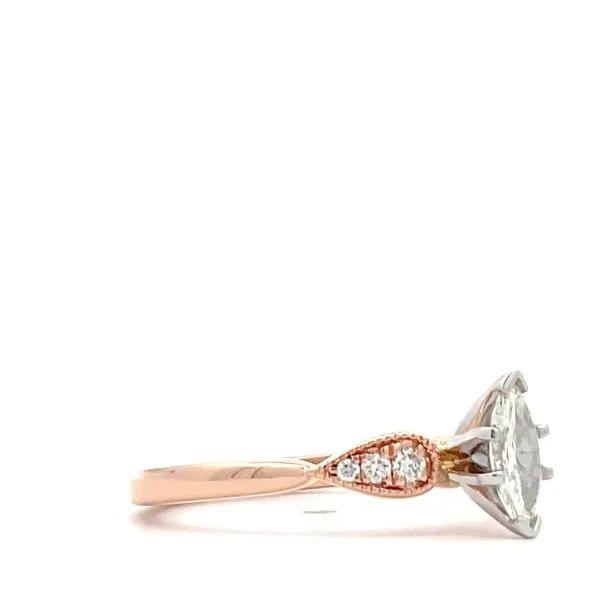 14k Rose gold and natural diamond engagment style ring. Center 0.30ct Marquise diamond accented with round diamonds on small detail down shank of ring. <br>Center GIA #1216388729 J/VS2<br>Side diamonds G/H SI2 Image 2 Hudson Valley Goldsmith New Paltz, NY
