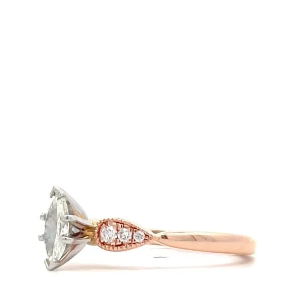 14k Rose gold and natural diamond engagment style ring. Center 0.30ct Marquise diamond accented with round diamonds on small detail down shank of ring. <br>Center GIA #1216388729 J/VS2<br>Side diamonds G/H SI2 Image 3 Hudson Valley Goldsmith New Paltz, NY