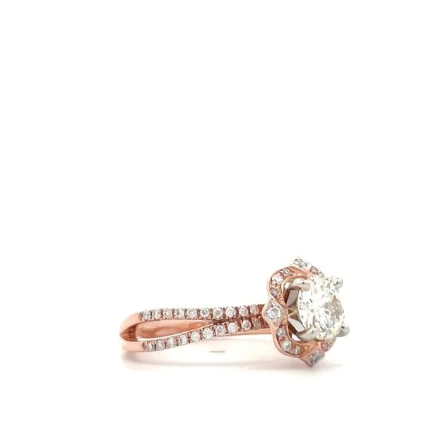 Make a statement with this modern 14k Rose Gold Diamond Engagement Ring. The open shank design and two-tone halo concept create a unique look. The center diamond is a 0.73ct round brilliant J/SI2, surrounded by 0.23cttw round brilliant diamonds along the  Image 2 Hudson Valley Goldsmith New Paltz, NY