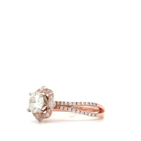 Make a statement with this modern 14k Rose Gold Diamond Engagement Ring. The open shank design and two-tone halo concept create a unique look. The center diamond is a 0.73ct round brilliant J/SI2, surrounded by 0.23cttw round brilliant diamonds along the  Image 3 Hudson Valley Goldsmith New Paltz, NY