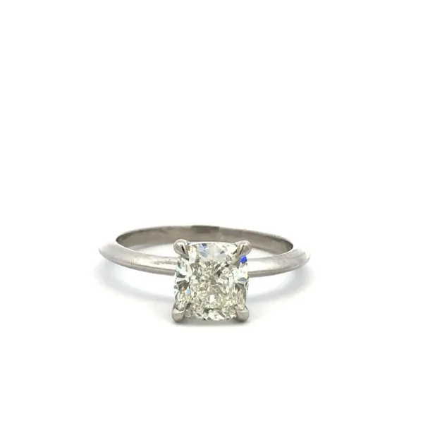 Make a statement with this Platinum Solitaire Diamond Engagement Ring. The center stone is a natural cushion brilliant diamond weighing 1.51ct, with a color grade of K and clarity grade of VS2 (GIA#7341939275). The platinum setting adds a touch of luxury  Hudson Valley Goldsmith New Paltz, NY