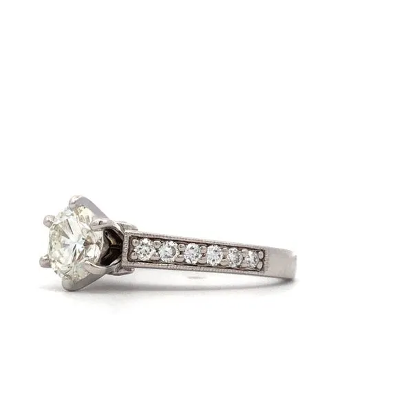 This 14K white gold diamond mounting features a 1.12ct round brilliant J/SI2 6.69mm GIA#2213482542 center stone. The mounting has a total carat weight of 0.38ctw and is accented with milgrain designs. It is the perfect choice for an engagement ring. Image 2 Hudson Valley Goldsmith New Paltz, NY