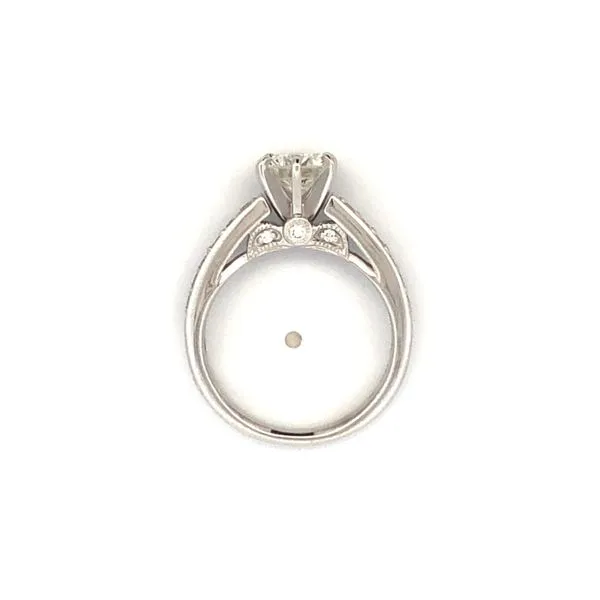 This 14K white gold diamond mounting features a 1.12ct round brilliant J/SI2 6.69mm GIA#2213482542 center stone. The mounting has a total carat weight of 0.38ctw and is accented with milgrain designs. It is the perfect choice for an engagement ring. Image 4 Hudson Valley Goldsmith New Paltz, NY