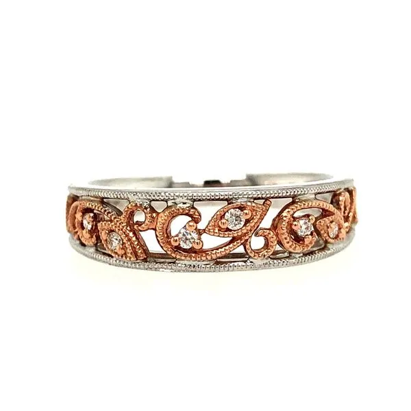 14k white and rose gold floral band featuring hand set 0.05cttw diamonds along the rose gold floral section accented with milgra Hudson Valley Goldsmith New Paltz, NY
