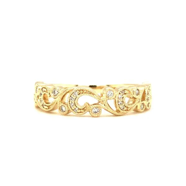 14k yellow gold and diamond band featuring 0.13cttw round brilliant diamonds all hand set along the top design of the band. Open Hudson Valley Goldsmith New Paltz, NY