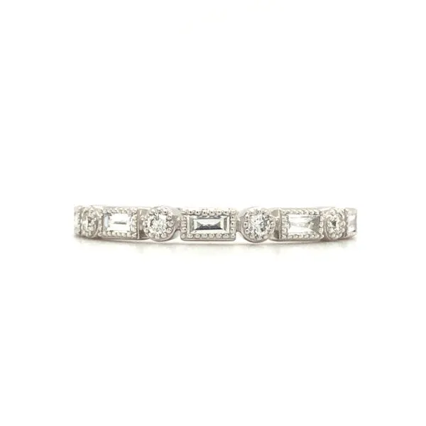 18k white gold round and straight baguette 0.27cttw diamond band, milgrain settings. Hudson Valley Goldsmith New Paltz, NY