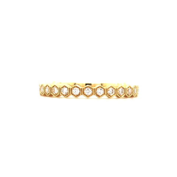 18k yellow gold hexagonal patterned band featuring 0.20cttw round brilliant diamonds along the top half of the design Hudson Valley Goldsmith New Paltz, NY