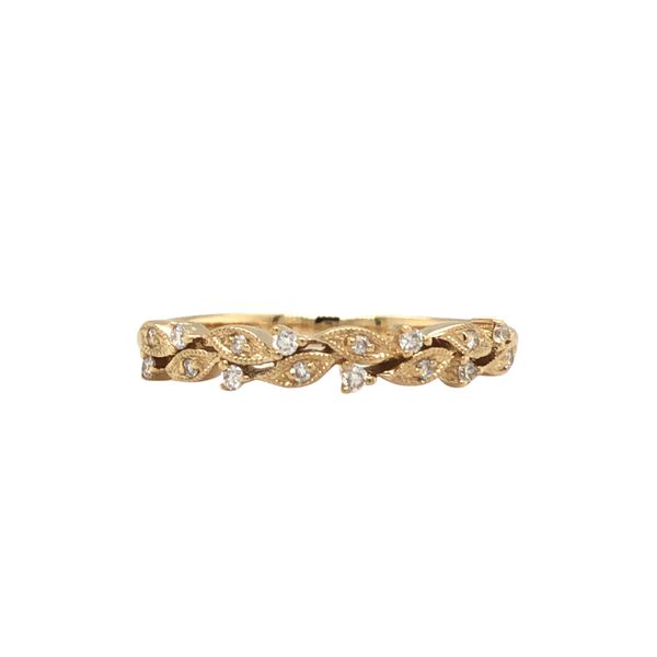 14k yellow gold leaf patterned wedding band style ring featuring 0.10cttw brilliant diamonds hand set both inside the leaf patte Hudson Valley Goldsmith New Paltz, NY