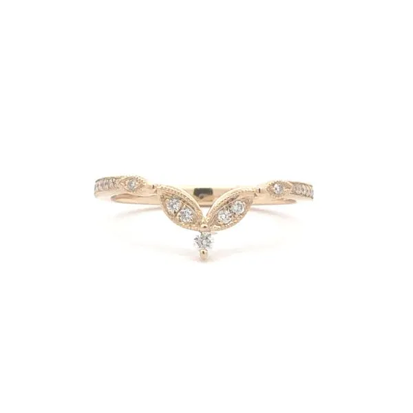 This 14K yellow gold curved/shadow band features marquise shaped designs holding 0.11cttw round brilliant diamonds. The diamonds Hudson Valley Goldsmith New Paltz, NY