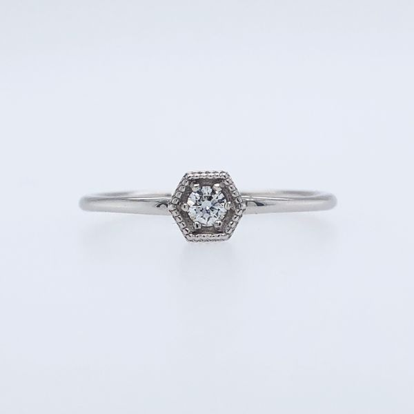 18K White Gold Round Diamond in Hexagon Beaded Bezel.08ctw<br> Solitaire Ring SI1 G-H size-6.5 Hudson Valley Goldsmith New Paltz, NY