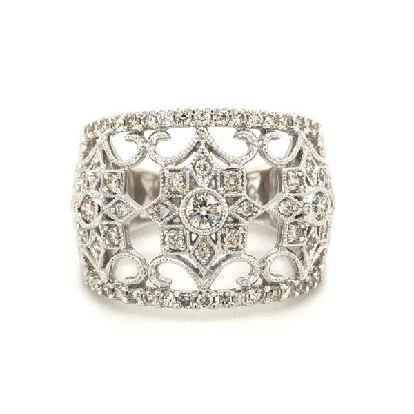 14k white gold ring featuring 0.75CTTW diamonds vintage style wide open filigree pattern Hudson Valley Goldsmith New Paltz, NY