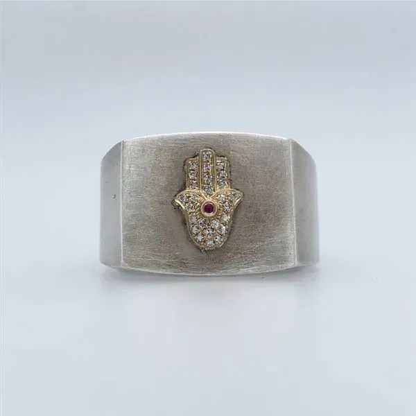 Sterling Silver Signet Ring W/ 14K Yg Diamond And Ruby Hamsa.05 Ctw Hudson Valley Goldsmith New Paltz, NY