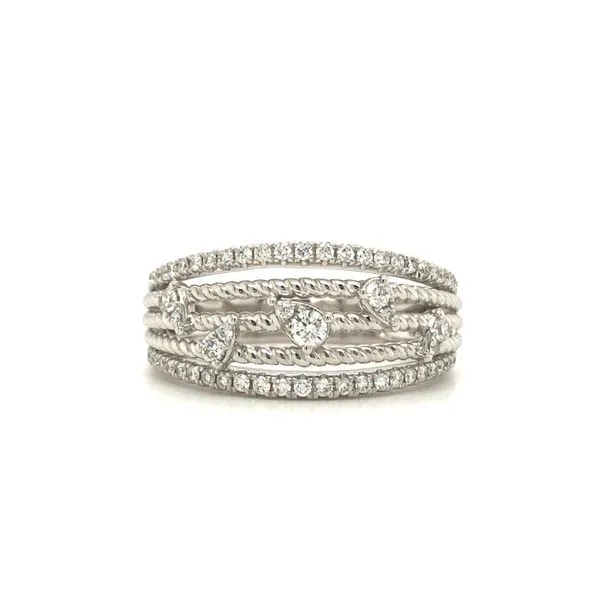 18k white gold five row ring featuring 0.38cttw diamonds hand set along the top outside rows, and designs. Hudson Valley Goldsmith New Paltz, NY