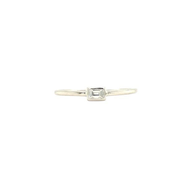 14k white gold hand fabricated thin band featuring a 0.10ct straight baguette diamond flush/bezel set in an east-west setting. 1 Hudson Valley Goldsmith New Paltz, NY