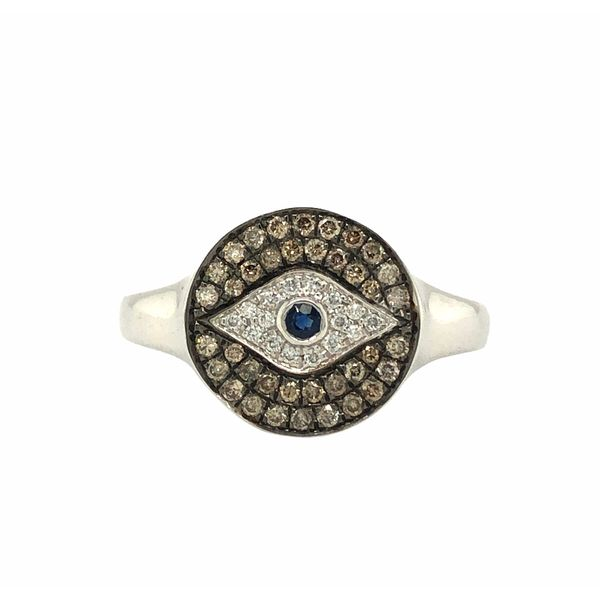 18k white gold evil eye design signet ring featuring 1/3cttw white and chocolate diamonds with a blue sapphire Hudson Valley Goldsmith New Paltz, NY