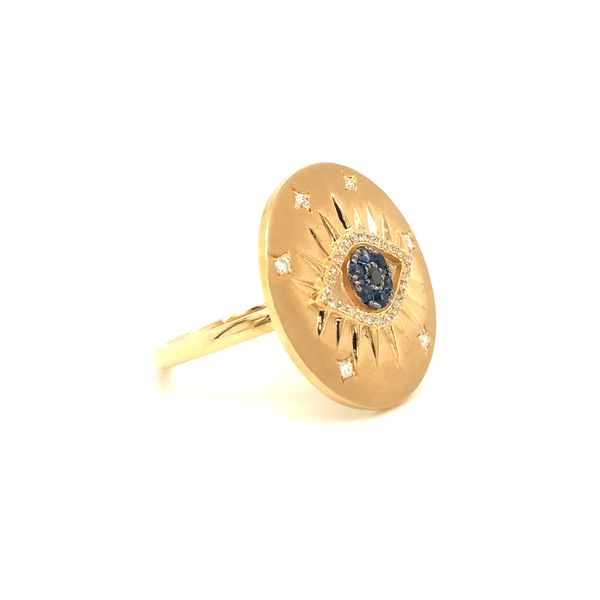 14k yellow gold large evil eye ring featuring 0.18cttw diamonds and blue sapphires on matte finish 20mm top and 1.80mm band Image 2 Hudson Valley Goldsmith New Paltz, NY