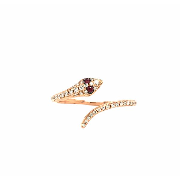 14 K Rose Gold Snake Ring Featuring Ruby Eyes (0.02 Ctw) And 0.107 Ctw Diamond Pave Hudson Valley Goldsmith New Paltz, NY