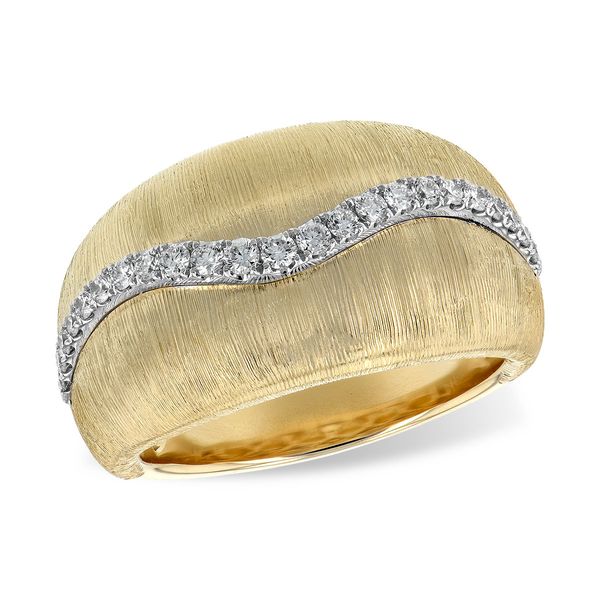 14K Yellow Gold Wide domed Textured Band featuring curved line of 0.26cttw round brilliant diamonds Hudson Valley Goldsmith New Paltz, NY