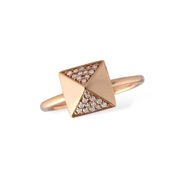 14K Rose Gold Pyramid signet style ring with two sides featuring 0.11ctw diamonds Hudson Valley Goldsmith New Paltz, NY
