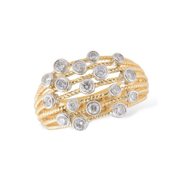 14K yellow gold multiple braided style bands featuring 0.50cttw diamonds bezel set in white gold settings, scattered across the  Hudson Valley Goldsmith New Paltz, NY