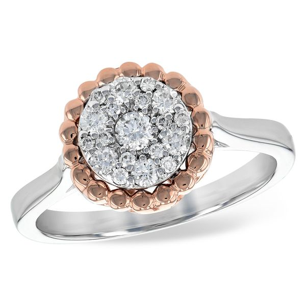 14K white gold with Rose gold accent featuring 0.33ctw Diamond Cluster halo style Ring Hudson Valley Goldsmith New Paltz, NY