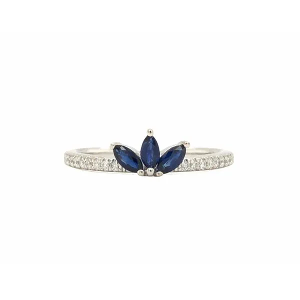 14k white gold stackable designed ring featuring 3 marquis shaped blue sapphire gemstones accented with 0.08cttw round brilliant Hudson Valley Goldsmith New Paltz, NY