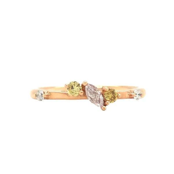 18k rose gold off set symmetrical design ring featuring center marquise diamond, fancy yellow diamonds, and round brilliant diam Hudson Valley Goldsmith New Paltz, NY