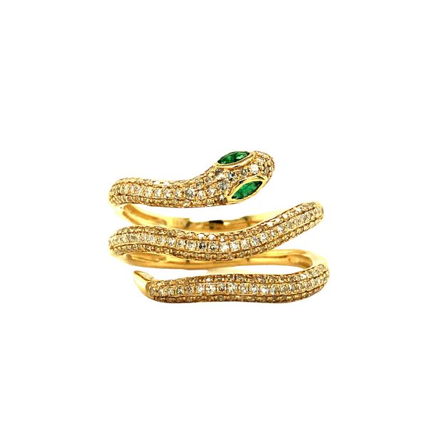 14k yellow gold snake design ring featuring 0.88cttw genuine diamonds hand pave set along the top sections of the snake. Bezel s Hudson Valley Goldsmith New Paltz, NY