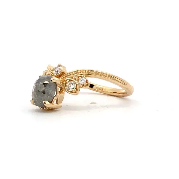 This 14K yellow gold ring features a 1.50ct cushion shape rose cut salt and pepper genuine diamond in the center, accented with 0.15cttw round brilliant diamonds. It is a unique and eye-catching piece for women. Image 2 Hudson Valley Goldsmith New Paltz, NY