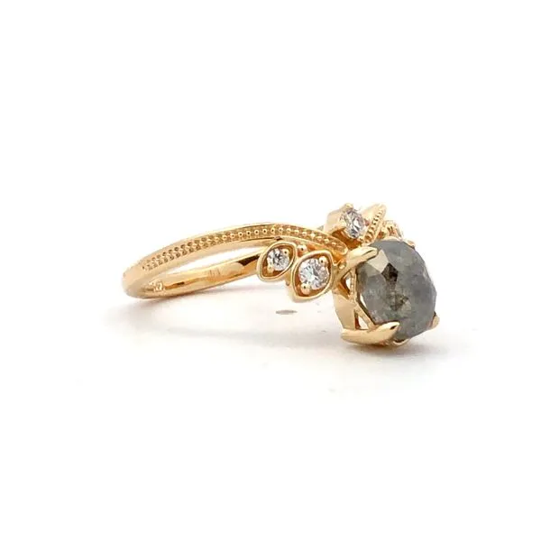 This 14K yellow gold ring features a 1.50ct cushion shape rose cut salt and pepper genuine diamond in the center, accented with 0.15cttw round brilliant diamonds. It is a unique and eye-catching piece for women. Image 3 Hudson Valley Goldsmith New Paltz, NY