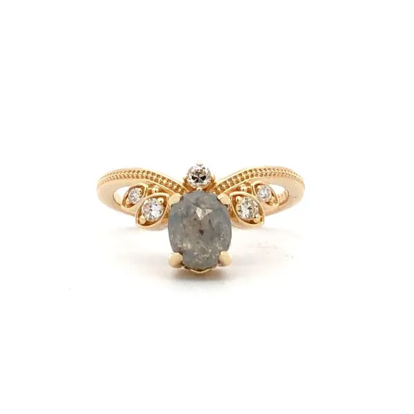 This 14K yellow gold ring features a 1.50ct cushion shape rose cut salt and pepper genuine diamond in the center, accented with 0.15cttw round brilliant diamonds. It is a unique and eye-catching piece for women. Hudson Valley Goldsmith New Paltz, NY
