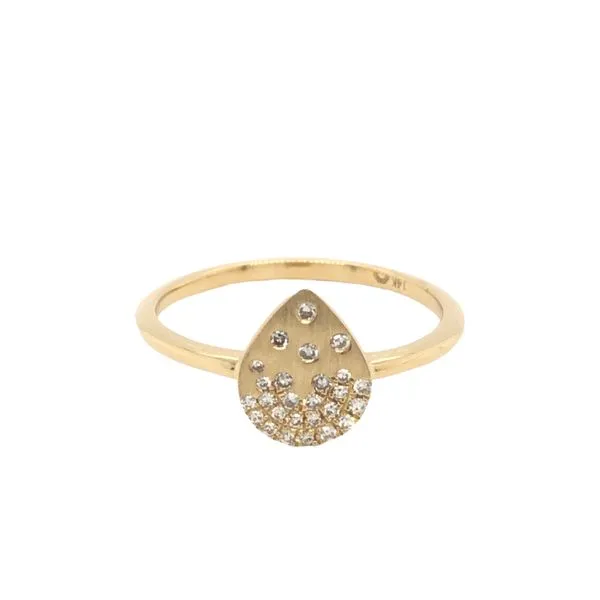 14 K Yellow Gold Dainty Ring With Satin Finish And 0.10 Ctw Flush Set Round Diamonds In Pear Shape top Hudson Valley Goldsmith New Paltz, NY