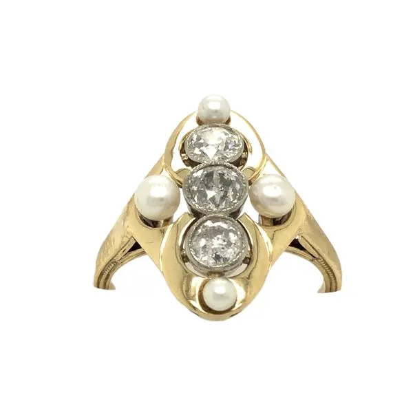 ESTATE 14k yellow gold vintage ring featuring approxiamtely 0.70cttw round old european cut diamonds bezel set vertically along  Hudson Valley Goldsmith New Paltz, NY