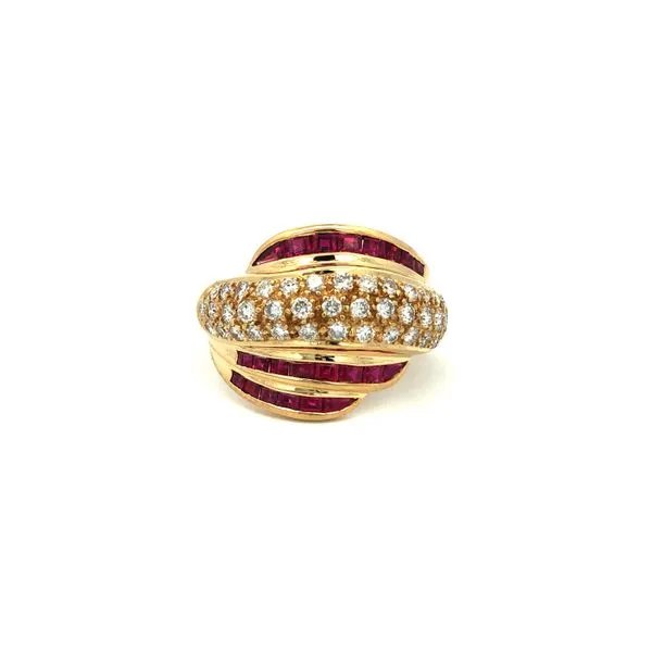 ESTATE 18k yellow gold ring featuring approximately 1/2cttw diamonds pave set along center of ring with channel set square ruby  Hudson Valley Goldsmith New Paltz, NY