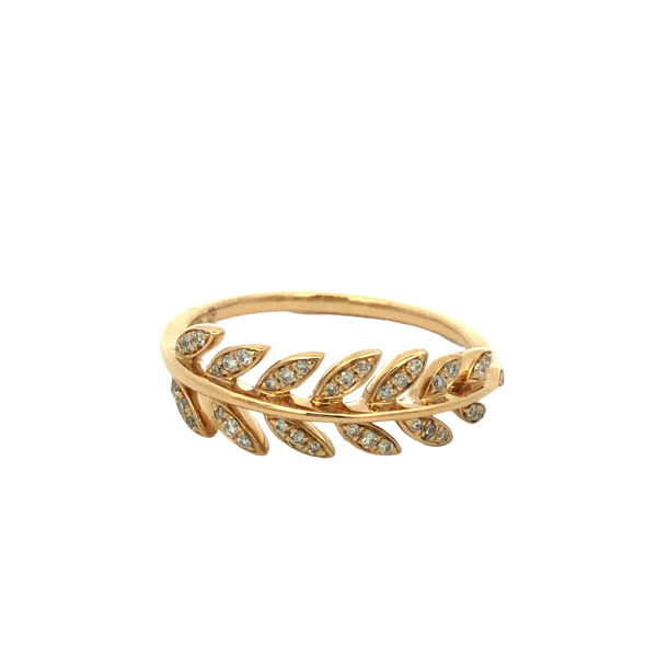 14K Yellow Gold Horizontal Leaf Patterned Ring Featuring 0.13Cttw Round Brilliant Diamonds Hand Set Inside Of Leaf Designs. Hudson Valley Goldsmith New Paltz, NY