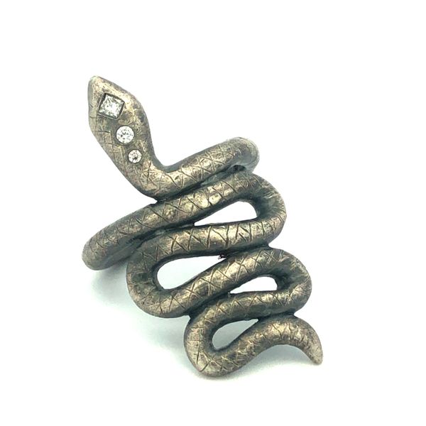 Sterling silver full snake ring featuring 0.15cttw diamonds set along top of head Hudson Valley Goldsmith New Paltz, NY