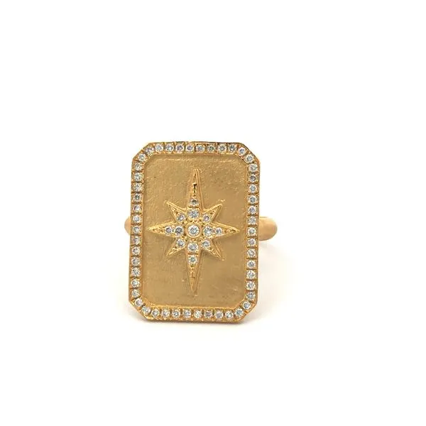 14k Yellow Brushed Gold Signet Style Ring with North Star Design and Diamond Border Hudson Valley Goldsmith New Paltz, NY