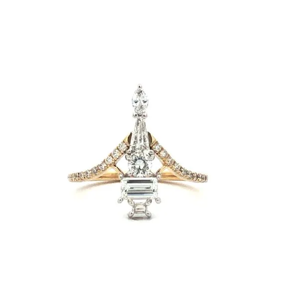 One of a kind, 14k yellow / White gold custom ring featuring 1.07cttw round and fancy shape natural diamonds. (G/H SI1 - SI2) custom chevron curved and elongated ring Hudson Valley Goldsmith New Paltz, NY