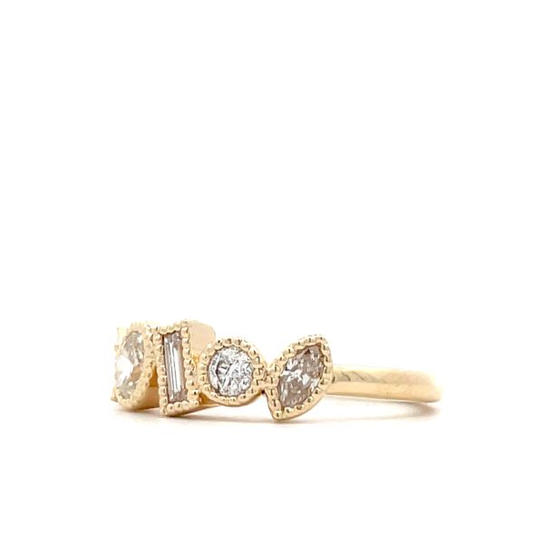 Custom 14k yellow gold diamond band featuring 0.70cttw natural diamonds bezel set with milgrain borders all off-set and different shapes. Image 2 Hudson Valley Goldsmith New Paltz, NY