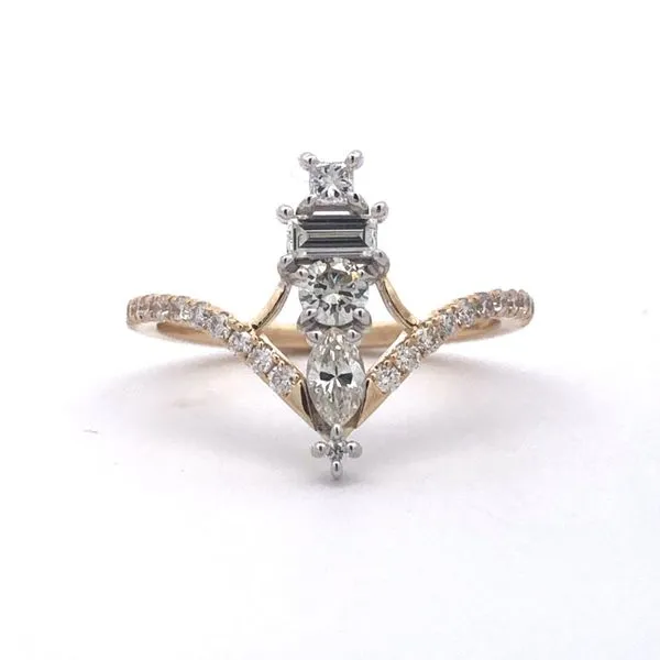 14k Yellow Gold ring featuring 1/2cttw natural diamonds fancy shapes and round brilliant accented down side of the ring. Hudson Valley Goldsmith New Paltz, NY